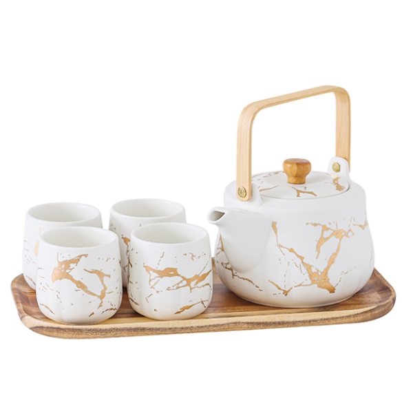 花边大理石纹金系列 白金花边型套五茶壶套装（一壶配4杯） 单色清装 陶瓷