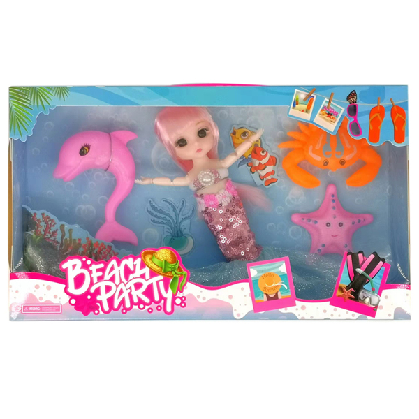 关节仿真眼美人鱼娃娃带海豚,海星,螃蟹 塑料