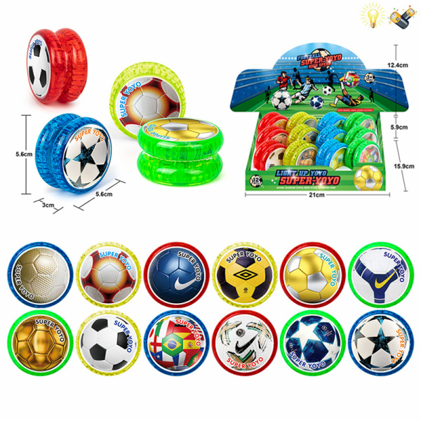 12PCS 足球轴承溜溜球 (12款图案混装) 灯光 包电 塑料
