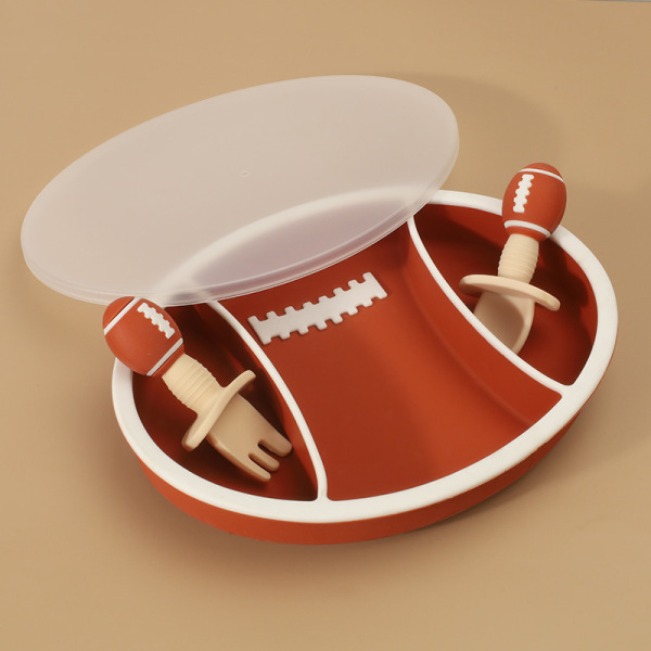 橄榄球带盖分格餐盘套装（含叉勺） 单色清装 硅胶