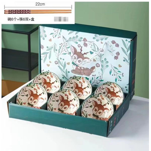 一鹿有你6碗6筷陶瓷餐具套装 单色清装 陶瓷