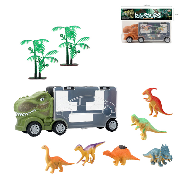 霸王龙货柜车+6只恐龙+2树(大车2色) 滑行 黑轮 塑料