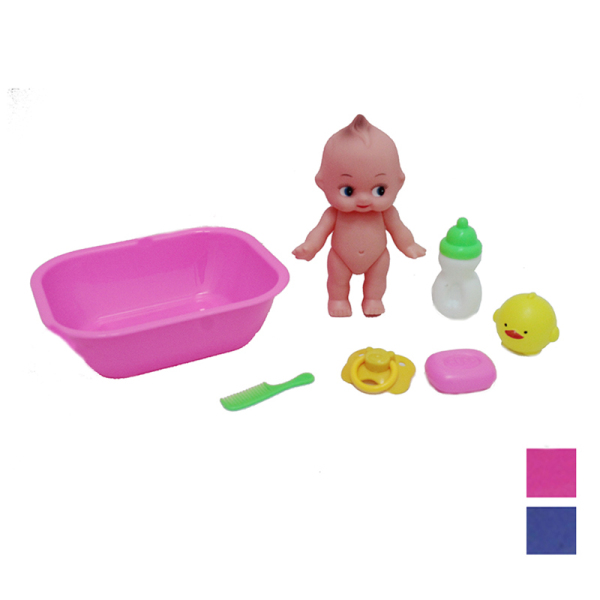 娃娃带浴盆,奶瓶,梳子,小鸡,配件紫蓝,粉2色 塑料