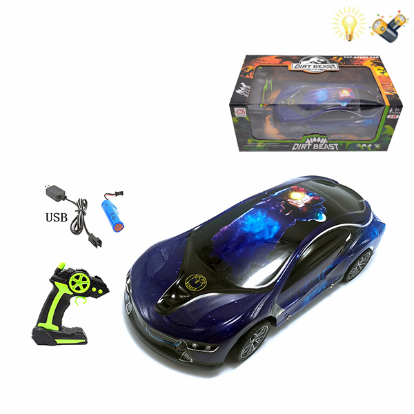 PVC车壳车带USB 遥控 3D灯光 1:14 4通 灯光 主体包电，遥控器不包电 黑轮 塑料