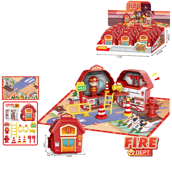 12PCS 房子消防场景套装带地图 塑料