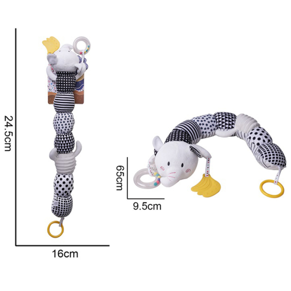 毛绒黑白大象毛毛虫响纸摇铃牙胶安抚玩具 布绒