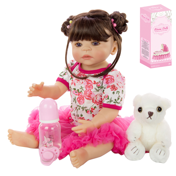 55CM全身软胶重生娃娃高仿真婴儿娃娃带假发套,奶瓶,磁性奶嘴,尿布,出生卡,小白熊 塑料