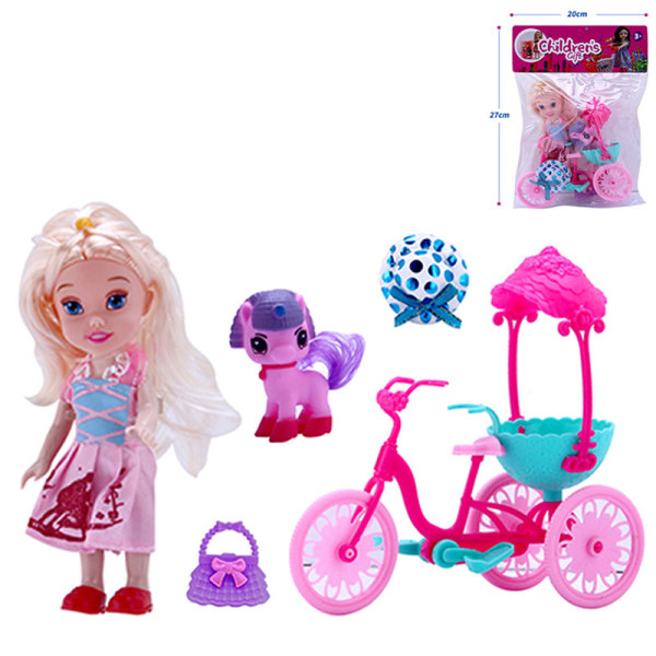 娃娃带三轮车,搪胶马,手提包,帽子 3.5寸 塑料