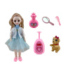 Multiple dolls with luggage, perfume bottles, combs, mirrors, dogs