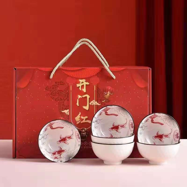 开门红吉祥鱼6碗陶瓷餐具套装 单色清装 陶瓷