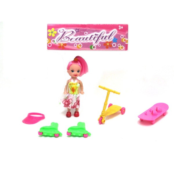 小娃娃带滑板,溜冰鞋,滑板车,太阳帽 3.5寸 塑料