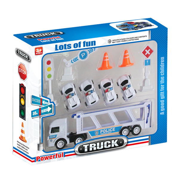 拖头车带4只警车,红绿灯,路障 惯性 实色 黑轮 塑料