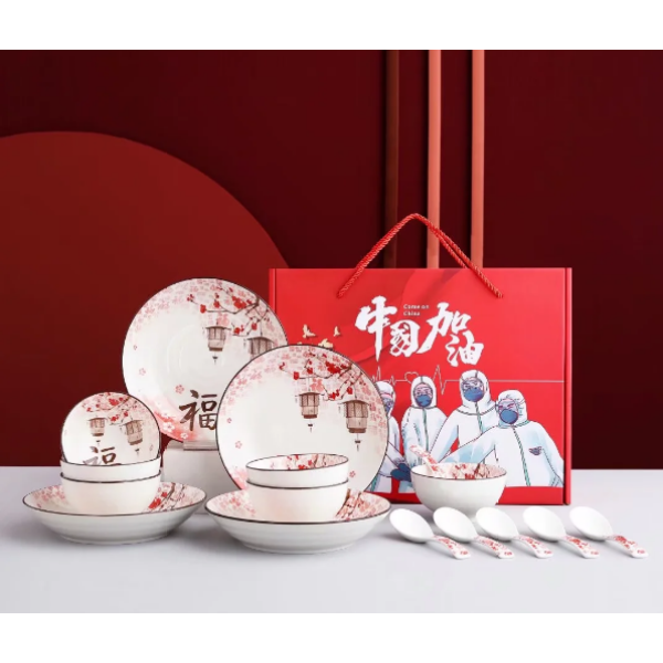中国加油6碗6勺4盘陶瓷餐具套装 单色清装 陶瓷