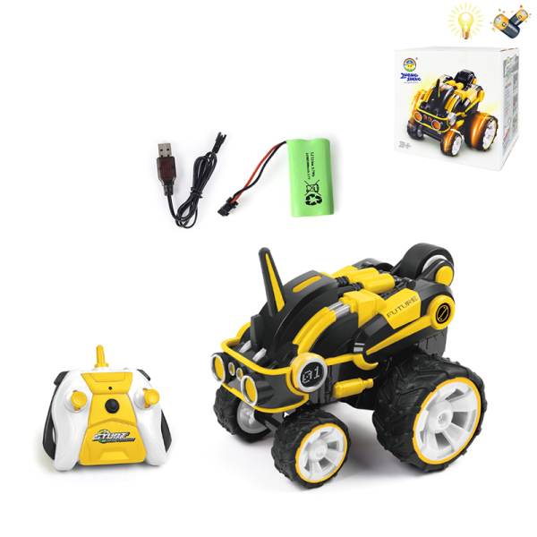 遥控 翻斗黄色机械独角兽旋转特技车带USB线 4通 灯光 包电 喷漆 塑料