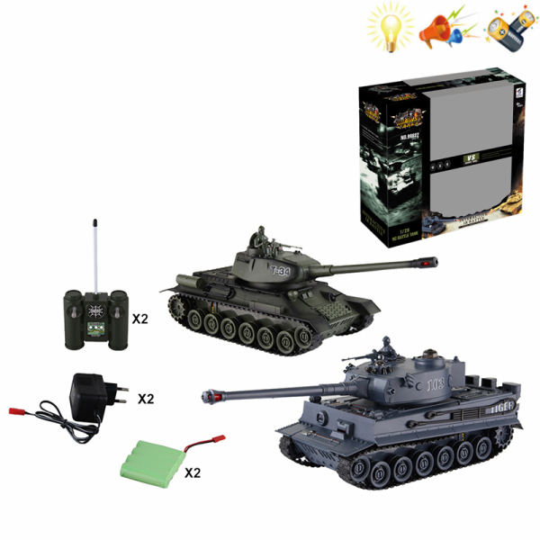 遥控 对战2只1:28坦克带充电器 灯光 声音 不分语种IC 主体包电，遥控器不包电 塑料