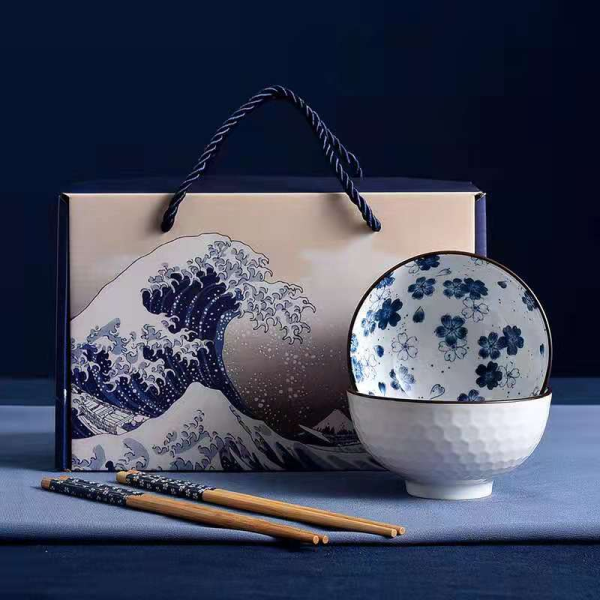 神奈川冲里浪2碗2筷陶瓷餐具套装 单色清装 陶瓷
