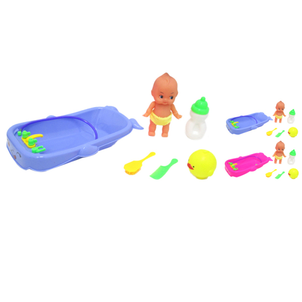 小娃娃带浴盆,小鸡,2只梳子,奶瓶紫蓝,玫红2色 塑料