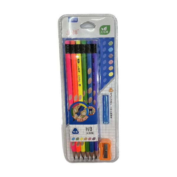 12支6色彩色铅笔带橡皮头+1卷笔刀 混色 木质
