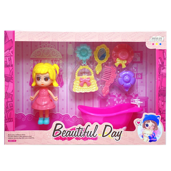 小公主娃娃带浴缸,手提包,梳子,镜子,配件 4寸 塑料