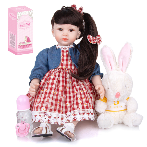 60cm重生软胶高仿真婴儿娃娃（假发套）带奶瓶,磁性奶嘴,尿布,出生卡,鞋子,兔子