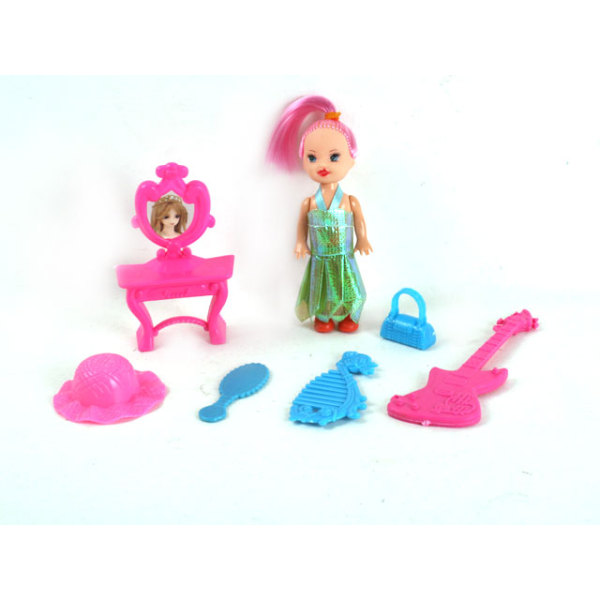 实身小娃娃带吉他,包包,梳子,帽子,镜子,化妆台 3寸 塑料