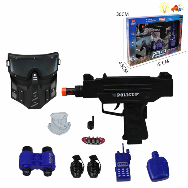 枪带警徽,对讲机,手榴弹,望远镜,水壶,面罩,配件 电动 冲锋枪 灯光 声音 不分语种IC 实色 塑料