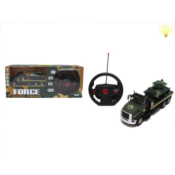 四通方向盘遥控仿真军事拖头车带回力坦克,灯光 4通 灯光 塑料