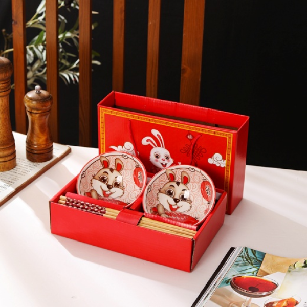 吉祥兔2碗2筷陶瓷餐具套装 单色清装 陶瓷