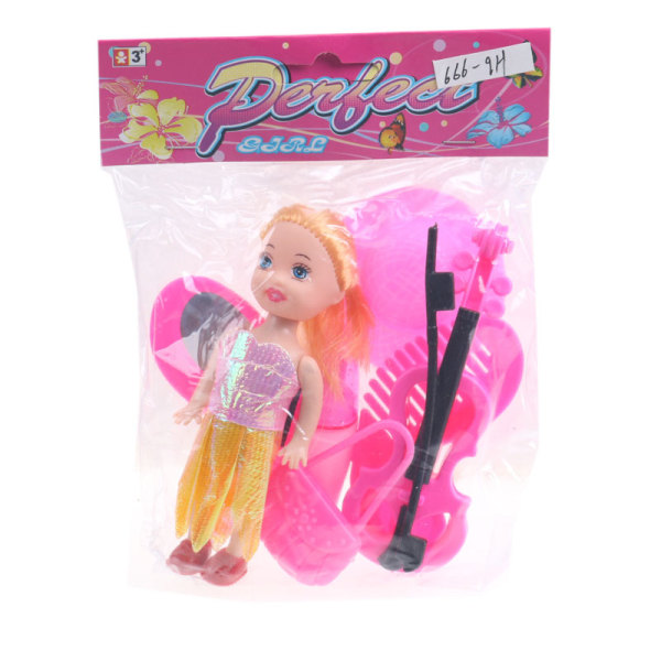 小娃娃带梳子,手提包,帽子,小提琴 3寸 塑料