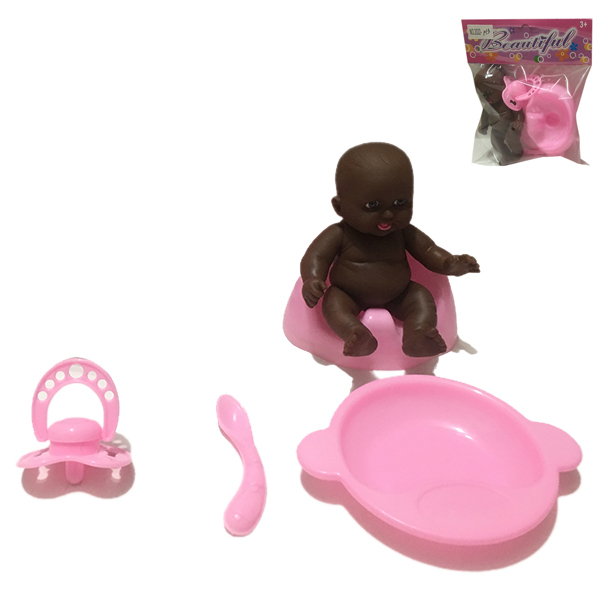 黑人娃娃带奶嘴, 餐具,坐便器 5寸 搪胶