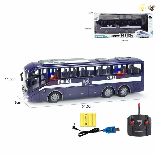 警车巴士带USB线 遥控 1:30 4通 灯光 主体包电，遥控器不包电 塑料
