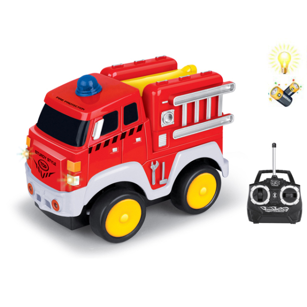 卡通消防车带充电器 遥控 4通 灯光 包电 黑轮 塑料