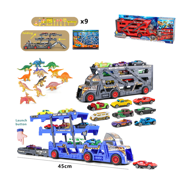 折叠货柜车配8pcs合金小车,12pcs恐龙,地图,9pcs路标 3色 弹射 塑料