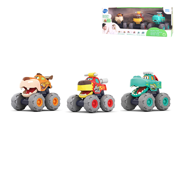 3只3款怪兽越野车(火牛战神 (红色/惯性) ,闪电飞豹 (橙色/回力),极速鳄魔 (青色/滑行)) 惯性 回力 滑行 实色 塑料