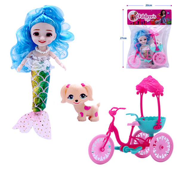 美人鱼娃娃带三轮车,小狗 3.5寸 塑料
