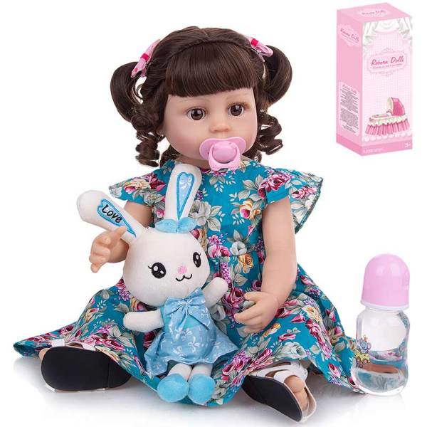 55厘米假发套高仿真重生婴儿娃娃带奶瓶,磁性奶嘴,尿布,出生卡,凉鞋,兔子  搪胶