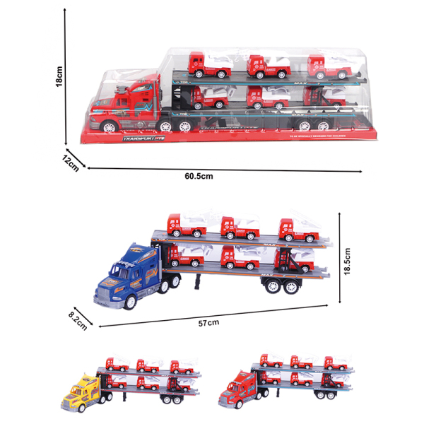 双层平板拖车载6pcs滑行消防车 3色 惯性 黑轮 塑料
