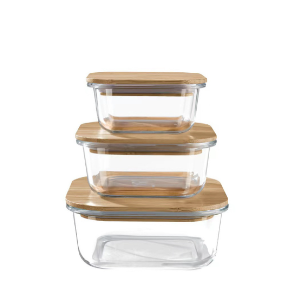 正方形竹盖玻璃保鲜盒/午餐盒【520ML】 单色清装 玻璃