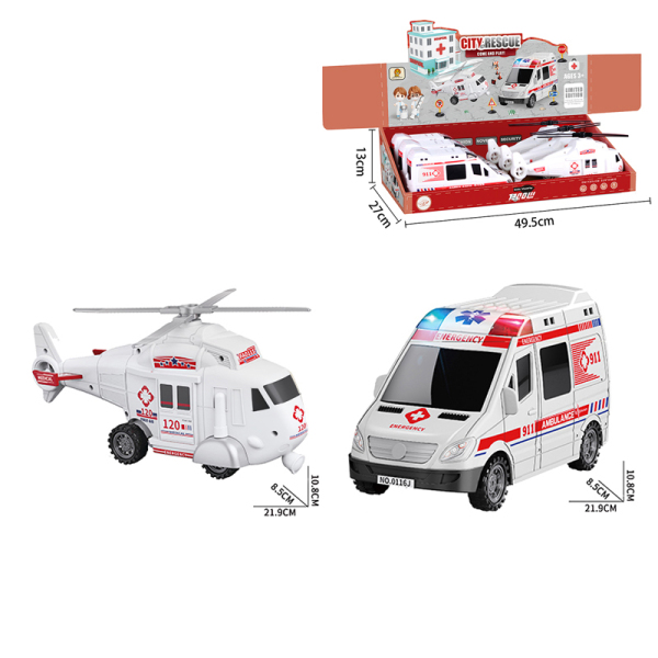 6PCS 2款式救护车 惯性 黑轮 塑料