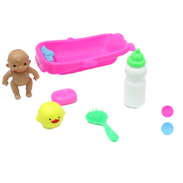 小娃娃带浴盆,肥皂,奶瓶,梳子,动物浅蓝,粉红2色 塑料