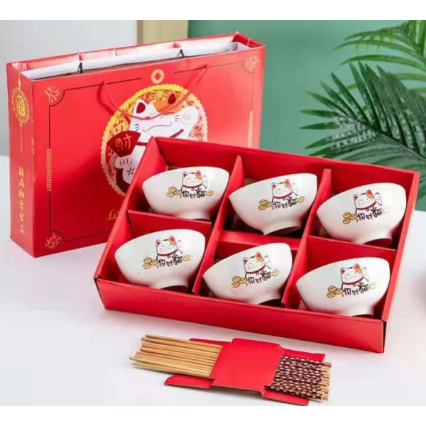 招财猫6碗6筷陶瓷餐具套装 单色清装 陶瓷