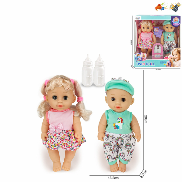 2(pcs)双胞胎娃娃带奶瓶 (头和手脚搪胶，身体吹瓶) 喝水尿尿 12寸 声音 不分语种IC 包电 塑料