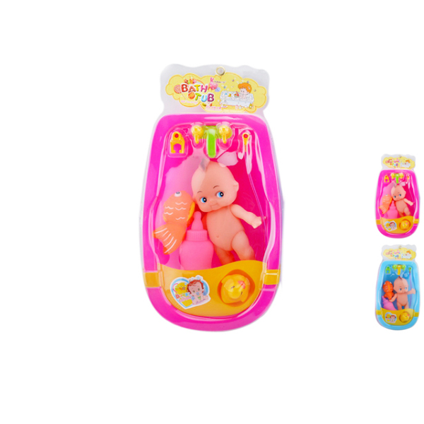 娃娃带浴盆,小黄鸭,小丑鱼,奶瓶粉红,粉蓝2色 塑料
