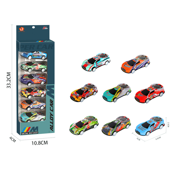 6pcs8.6CM跑车款铁皮车 回力 黑轮 金属