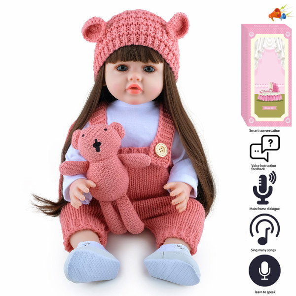55CM全身软胶重生娃娃高仿真婴儿娃娃带假发套,奶瓶,磁性奶嘴,尿布,出生卡,小熊 声音 英文IC 塑料