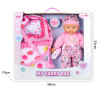 Cotton body fixed-eye doll with backpack, bottle, pillow