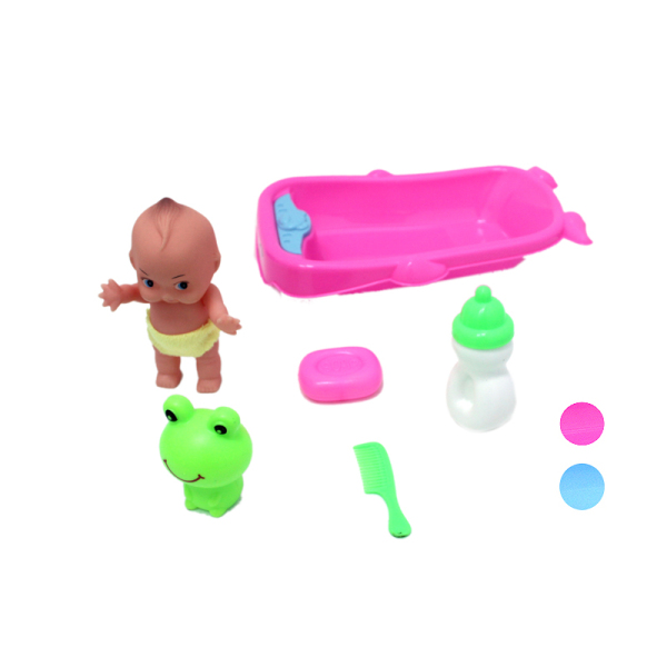 小娃娃带浴盆,青蛙,肥皂,瓶子浅蓝,粉红2色 塑料