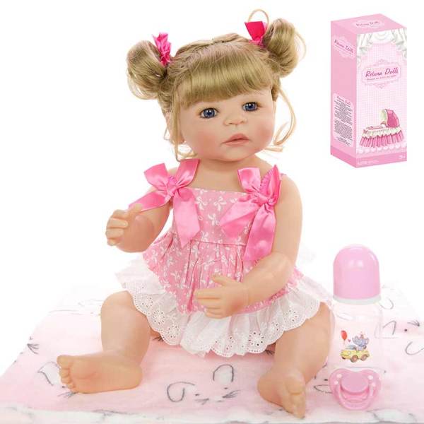 55厘米假发套高仿真重生婴儿娃娃带奶瓶,磁性奶嘴,尿布,出生卡,抱毯  搪胶
