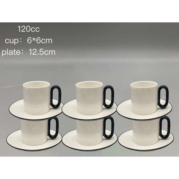 白色黑柄陶瓷咖啡杯碟【120CC】6杯6碟 单色清装 陶瓷