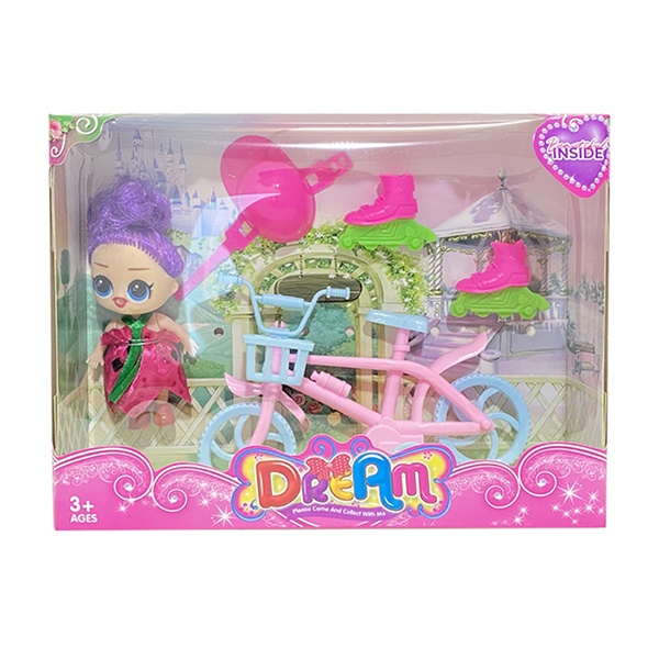 3.5寸实身娃娃带自行车,安全帽,溜冰鞋 塑料